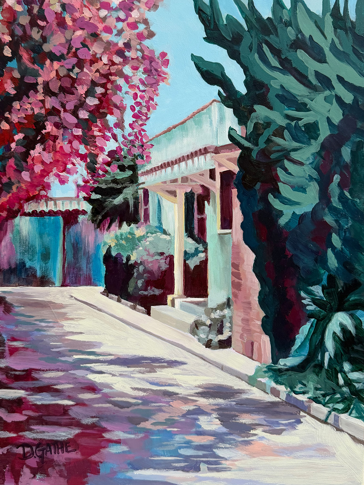 Oleander Driveway on LaSalle — acrylic on panel by Dina Gathe