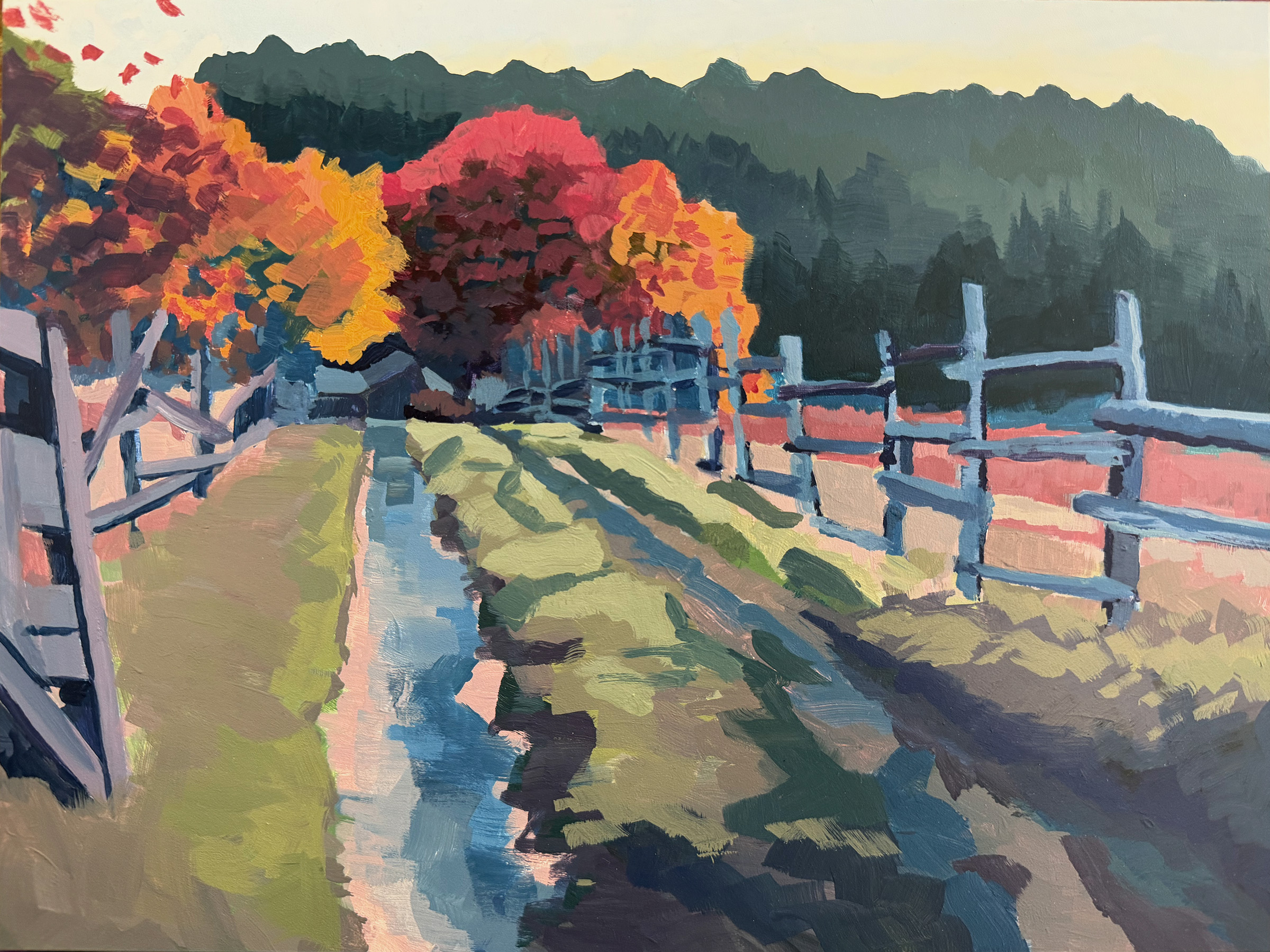 Sequim Driveway in Autumn — acrylic on panel by Dina Gathe